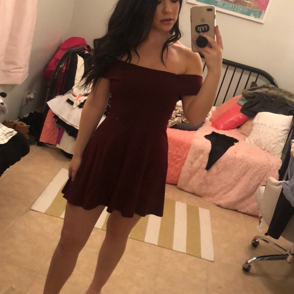 Wine Off the Shoulder Mini Dress
